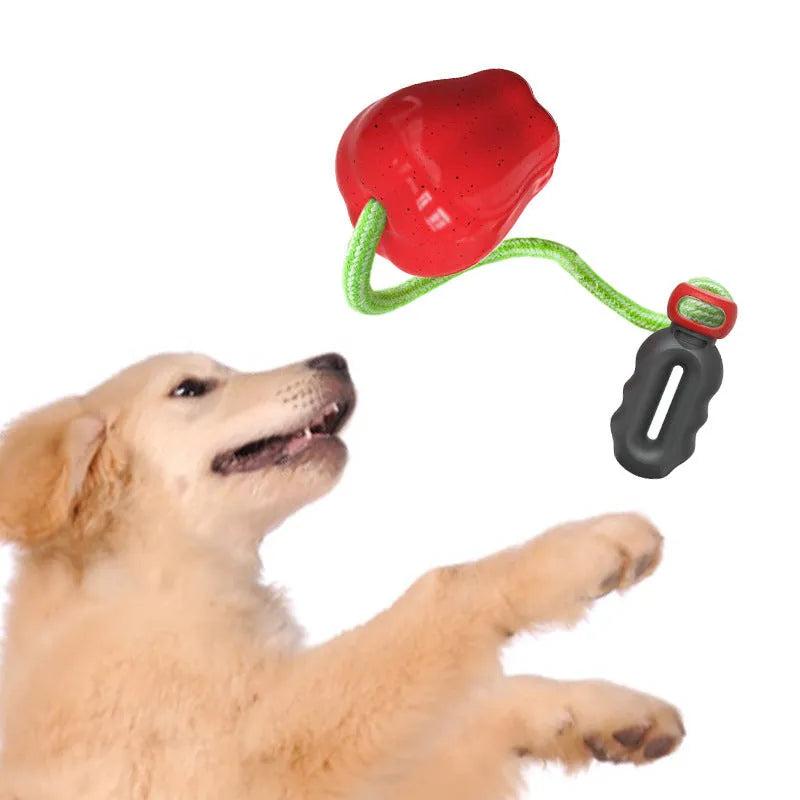 Green and red Apple-shaped dog molar toy with food-dropping ball design for outdoor canine enrichment