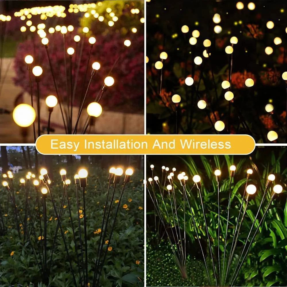 Solar-powered LED garden spike light with multiple glowing heads and a metal ground plug inserted in soil at dusk.