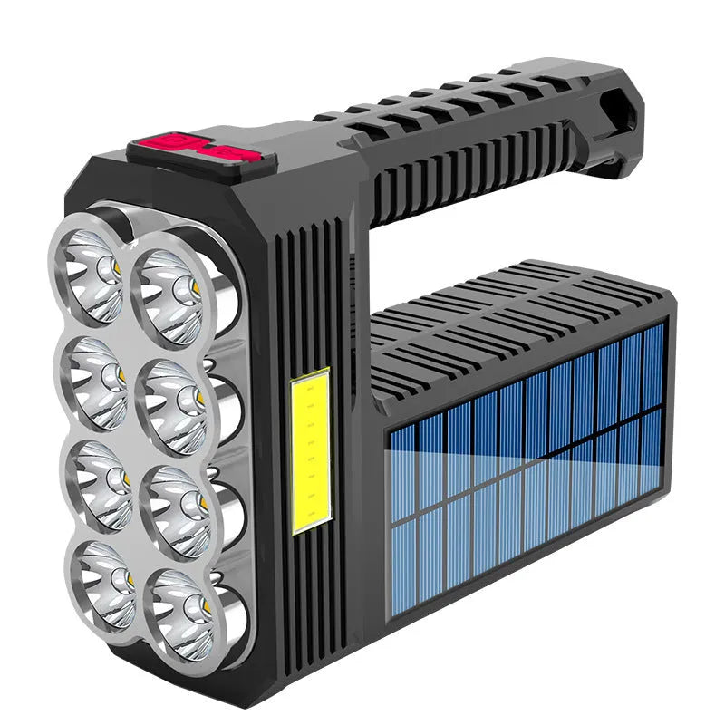Solar rechargeable USB LED flashlight aluminium alloy 8 heads side light COB life-grade waterproof