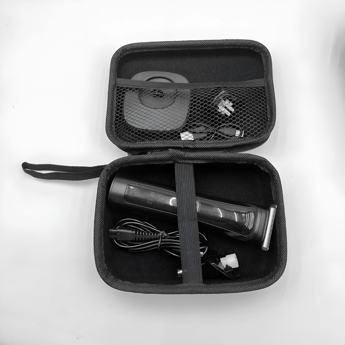 Grey composite material data cable storage bag with rope handle, 17x12x7cm, for organising cables and accessories