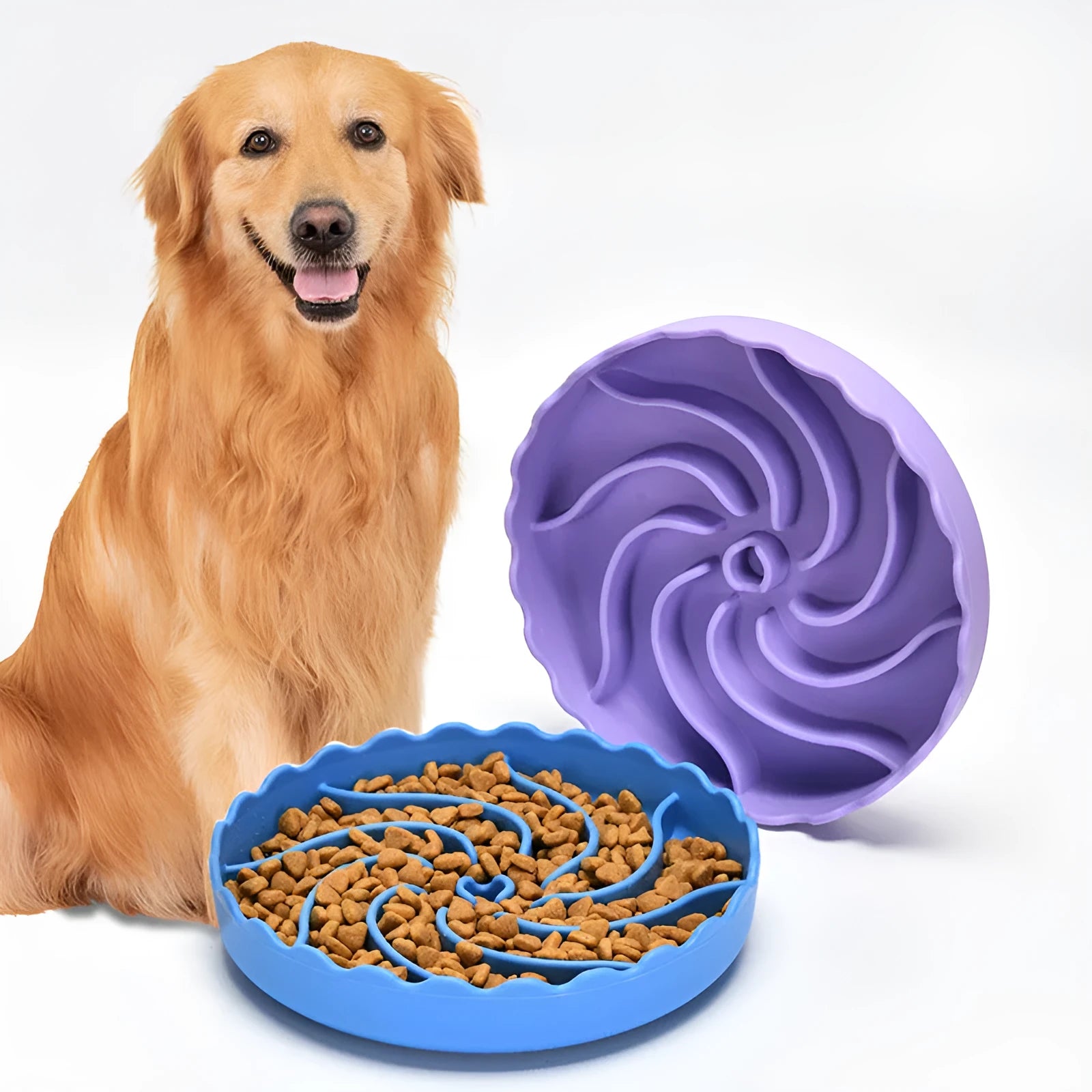 Food-grade silicone slow feeder dog bowl in blue with suction cup base and raised maze ridges