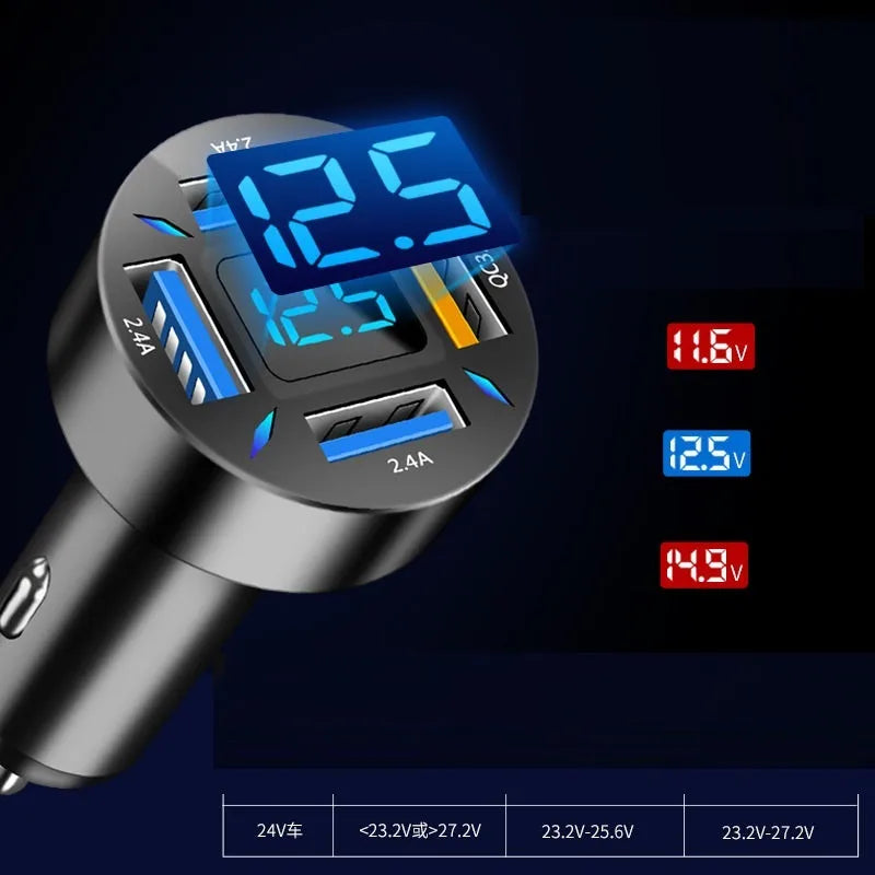 Four-port USB car charger with LED digital voltage display showing 12V.