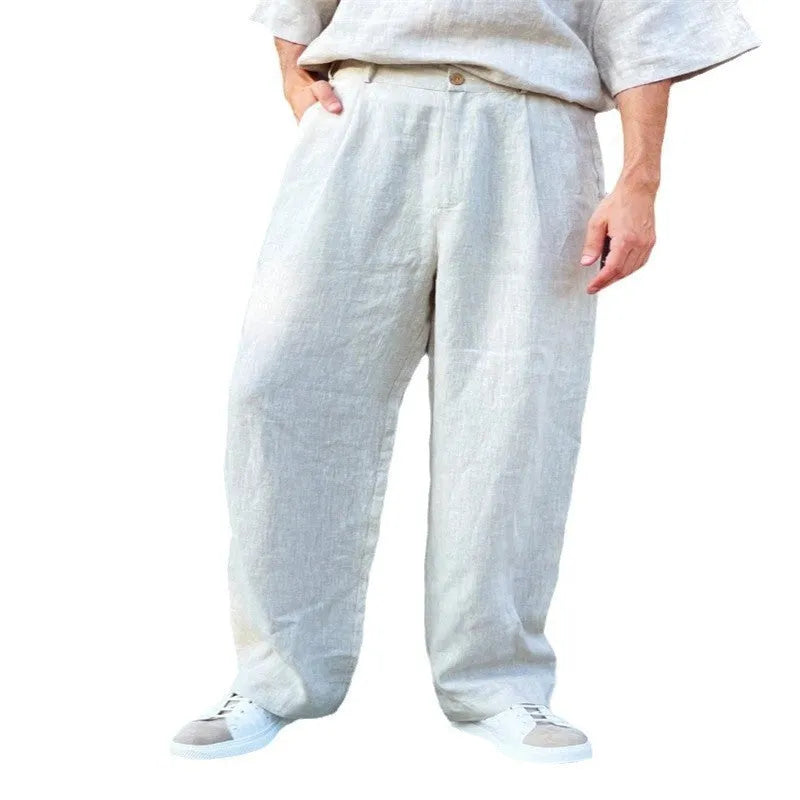 Men's loose fit linen pleated trousers in grey with high waist and straight leg styling