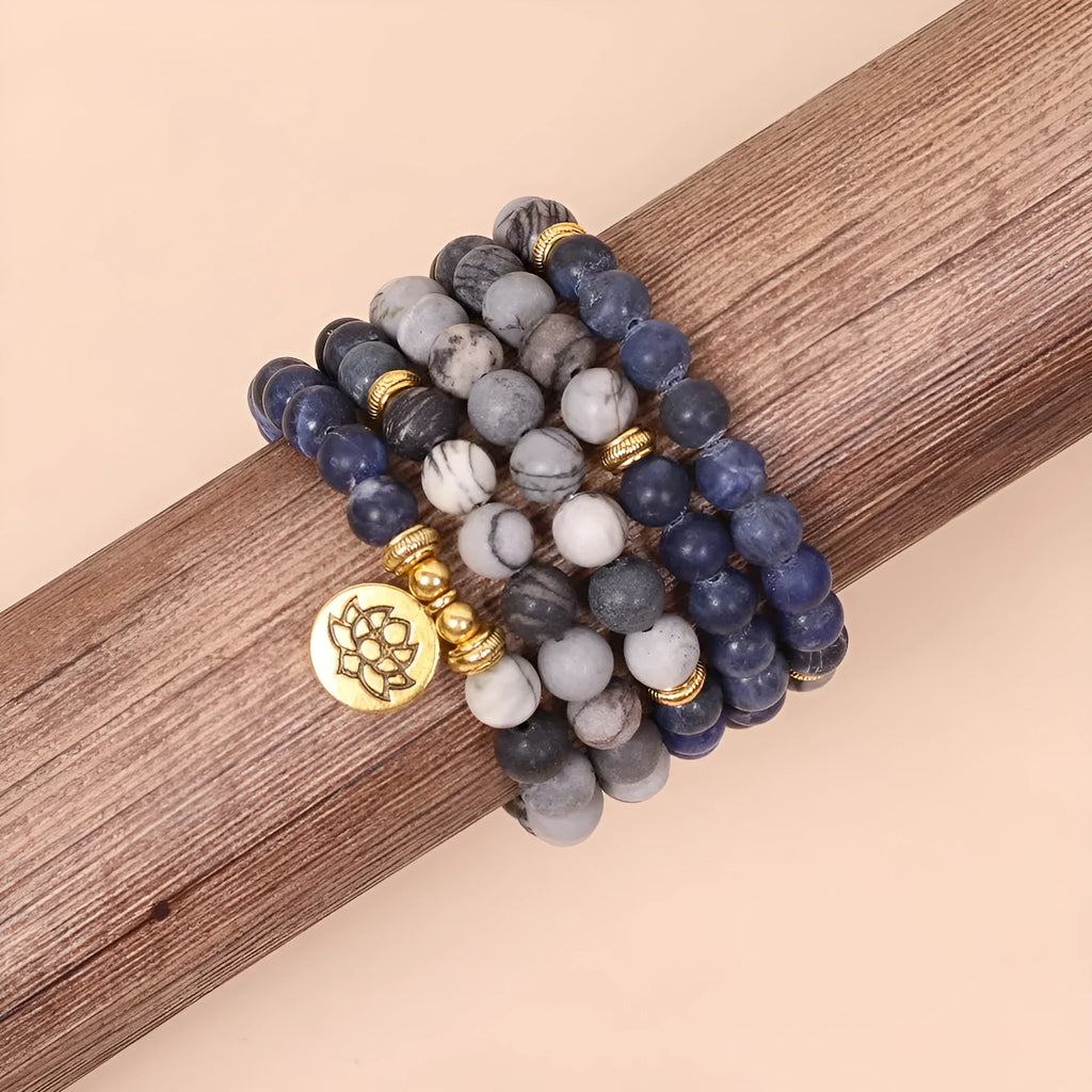 Blue patterned network stone bead multi-layer bracelet with alloy links