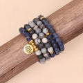 Blue patterned network stone bead multi-layer bracelet with alloy links