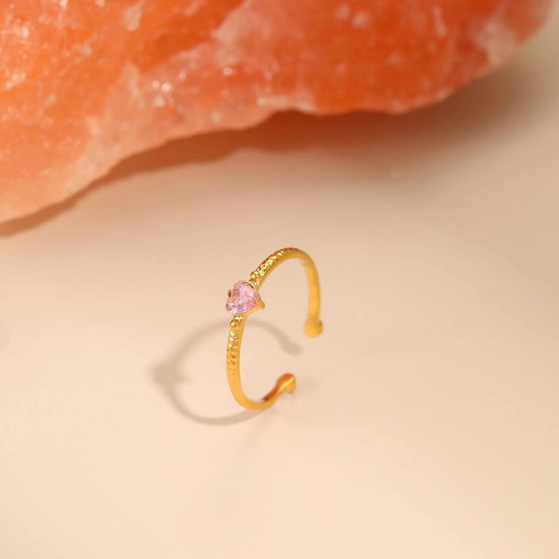 Open ended geometric love heart ring with zircon accents in stainless steel with electroplated finish