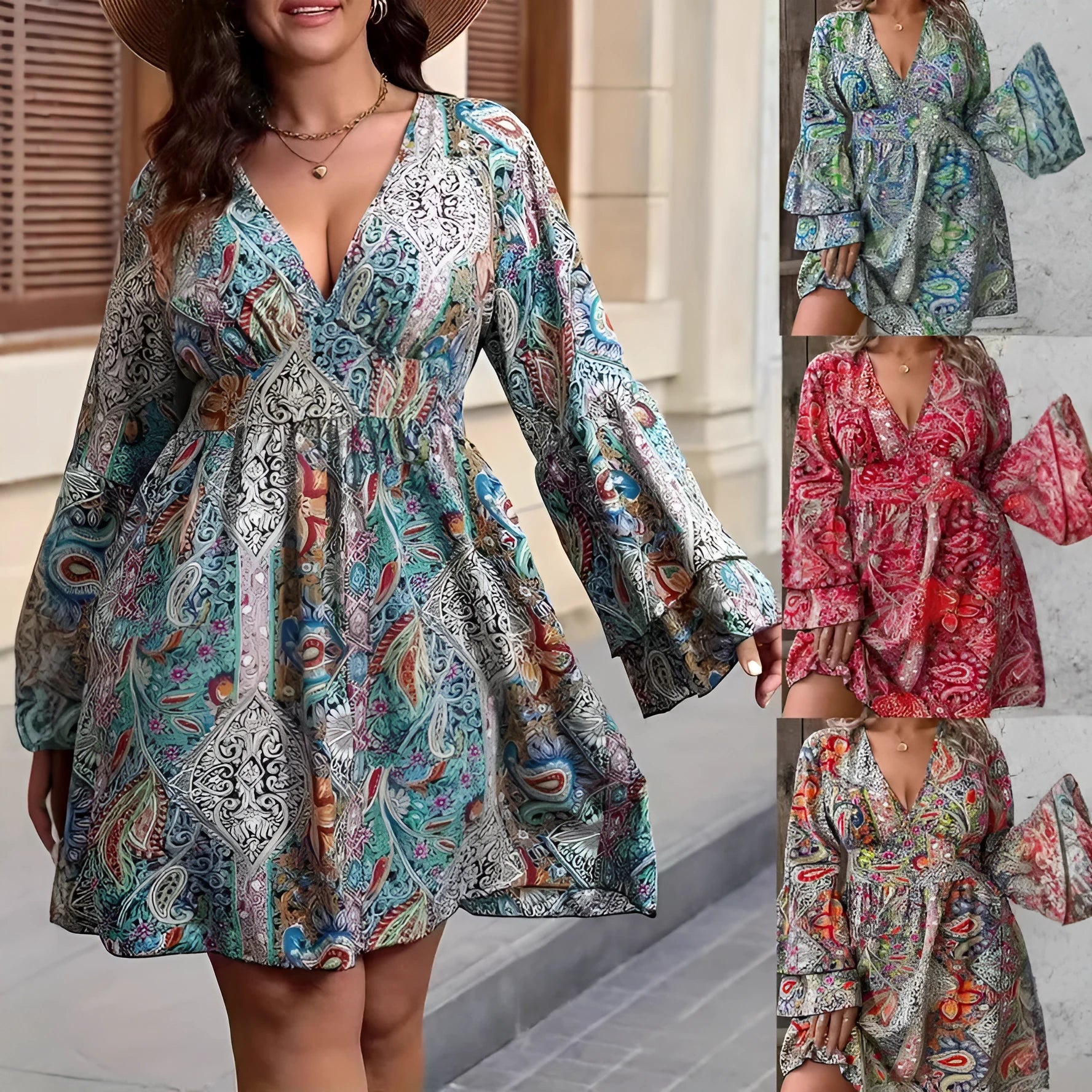 Plus size woman wearing printed bell sleeve dress with A-line skirt in retro bohemian style