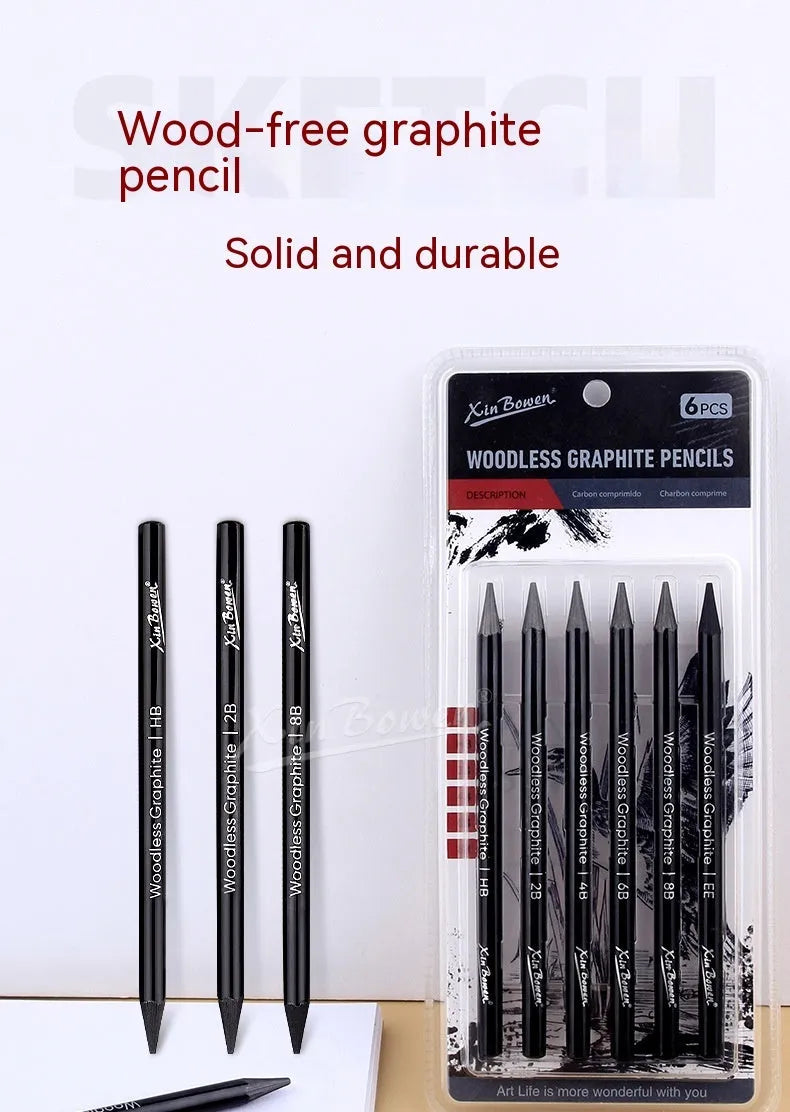 Set of six graphite sketching pencils with grades labelled HB, 2B, 4B, 6B, 8B, and EE.