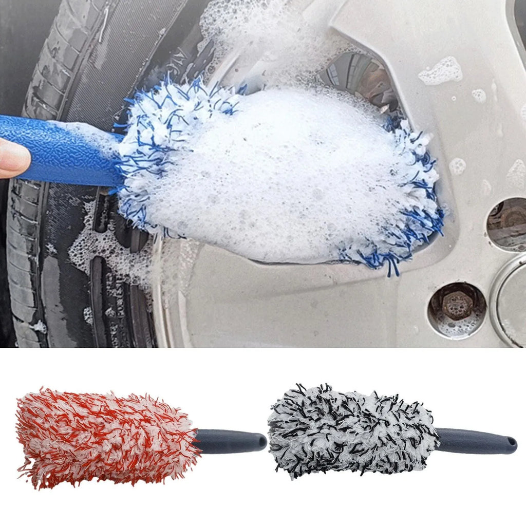 Long handled car wheel wash brush with ultra-fine fibre bristles in blue, black, and red colour options