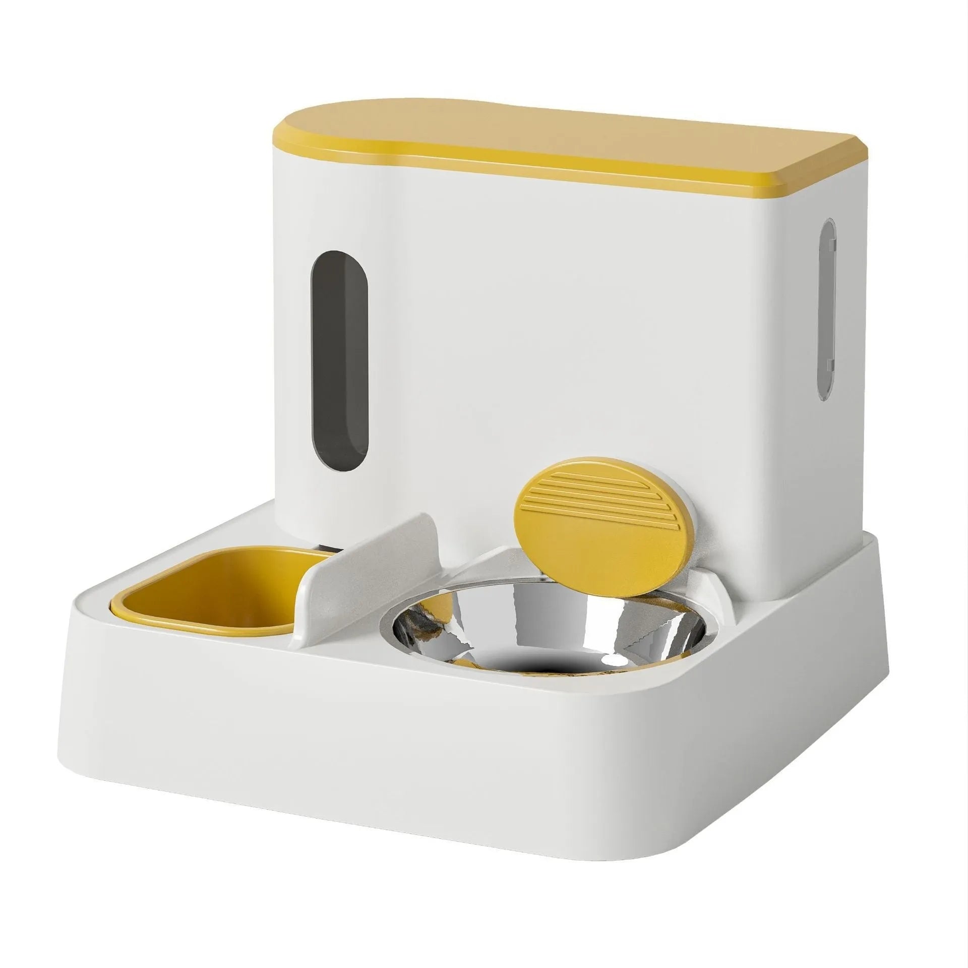 Automatic cat feeder with integrated water dispenser showing dual bowl design for food and water