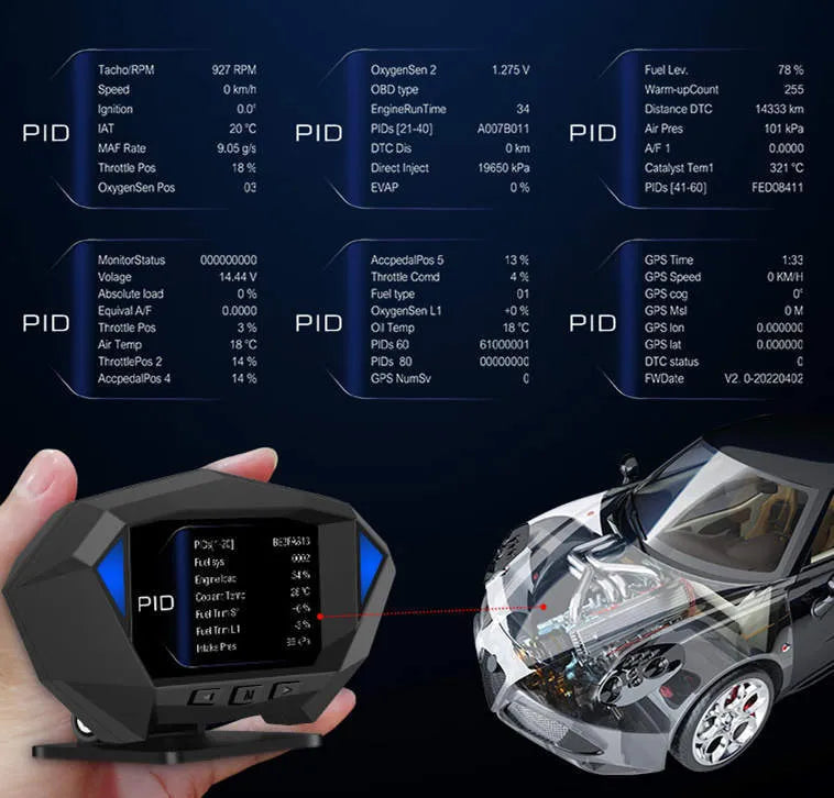 Black vehicle HUD head-up display with LCD screen measuring 147×93×45mm with OBD cable