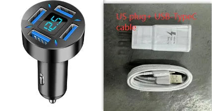 Four-port USB car charger with LED digital voltage display showing 12V.