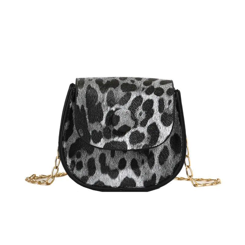 Leopard print mini crossbody saddle bag in PU, horizontal square shape with sandwich pocket, black and reddish brown