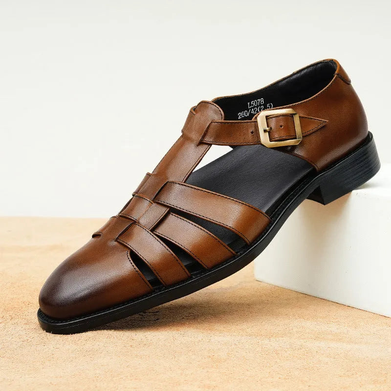 Men's genuine leather retro business sandals in brown with pigskin lining