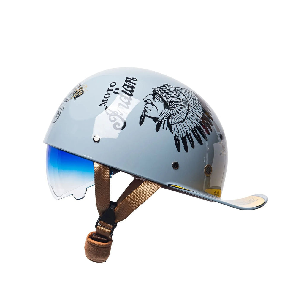Retro-style half helmet for men in bright black gradient with blue lens, shown on a solid background.