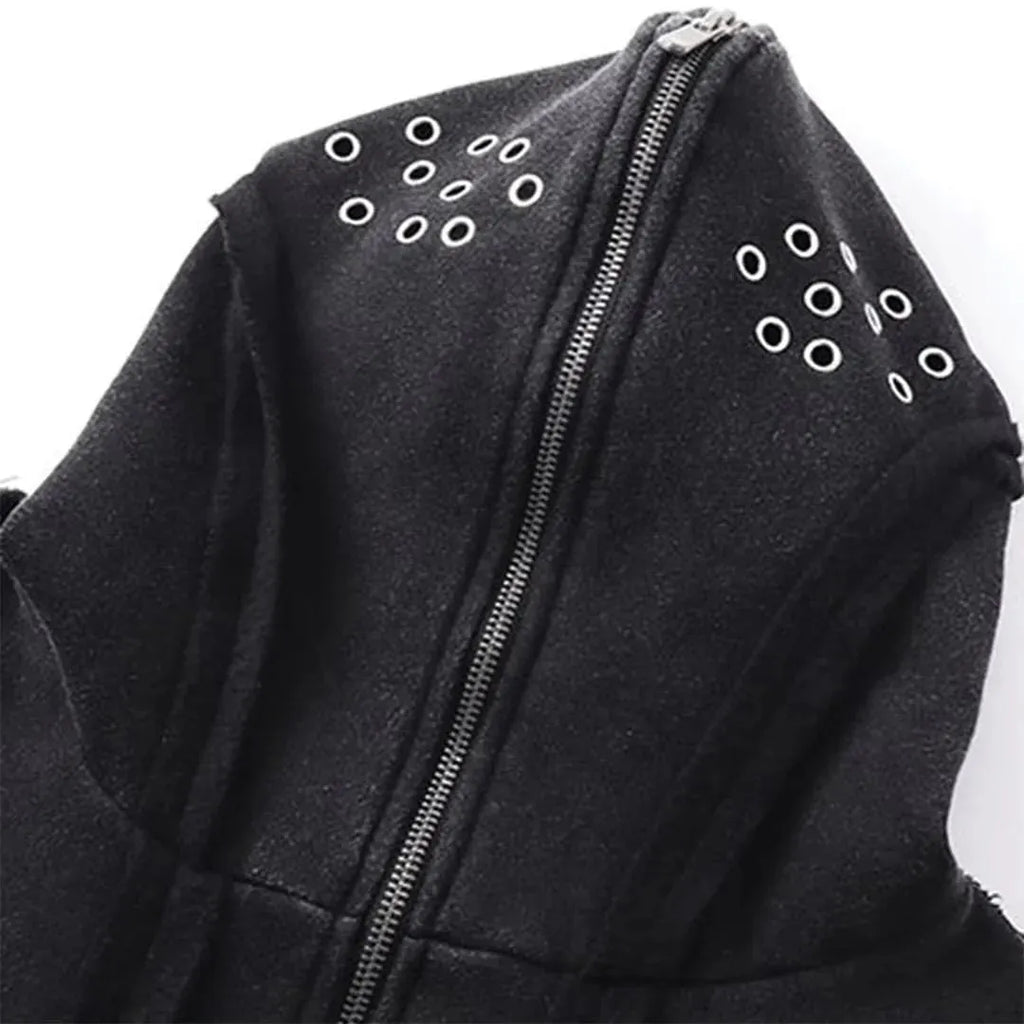 Black retro abstract pattern loose-fit zip hooded cotton coat on a hanger.