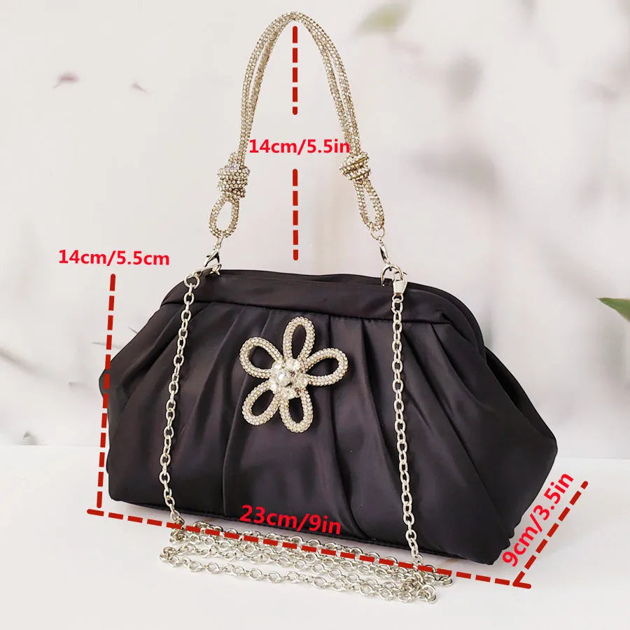 Soft black polyester women's crossbody messenger bag with chain strap and diamond pattern.