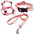 Colourful printed dog collar and leash set with chest strap in geometric and floral patterns