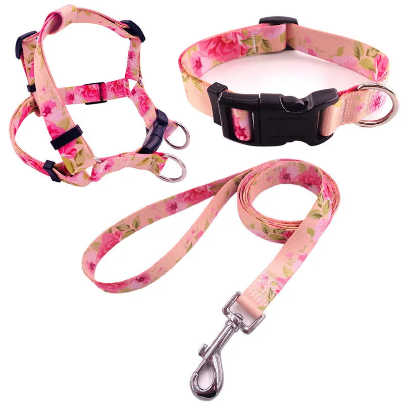Colourful printed dog collar and leash set with chest strap in geometric and floral patterns