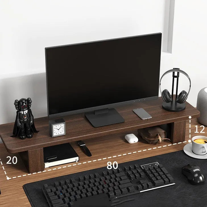 solid walnut wood computer monitor heightening frame on a desk with extra storage underneath