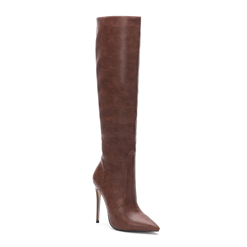 Women's stiletto heel fashion boots in dark gray, super high heel above 8cm, pointed toe, mid-calf shaft, artificial PU upper