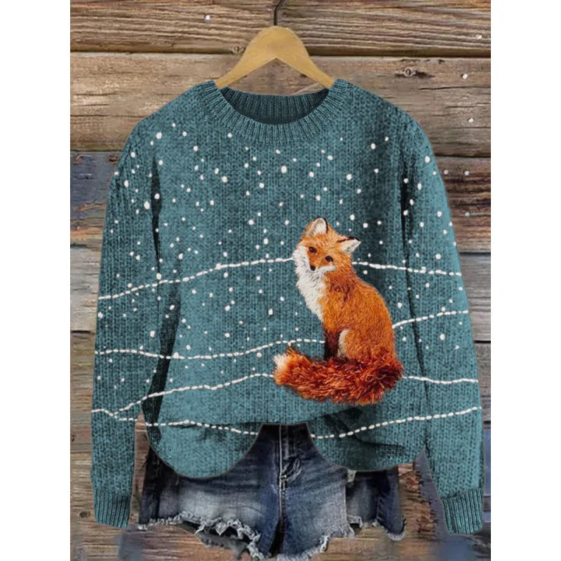 A round neck sweater with a colourful digital floral print, shown on a hanger.
