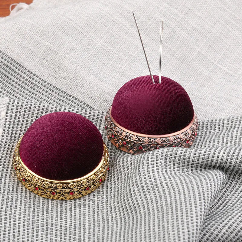 Retro needle ball head pin cushion with alloy pin insert, velvet fabric in red or green, cross stitch sewing accessory.