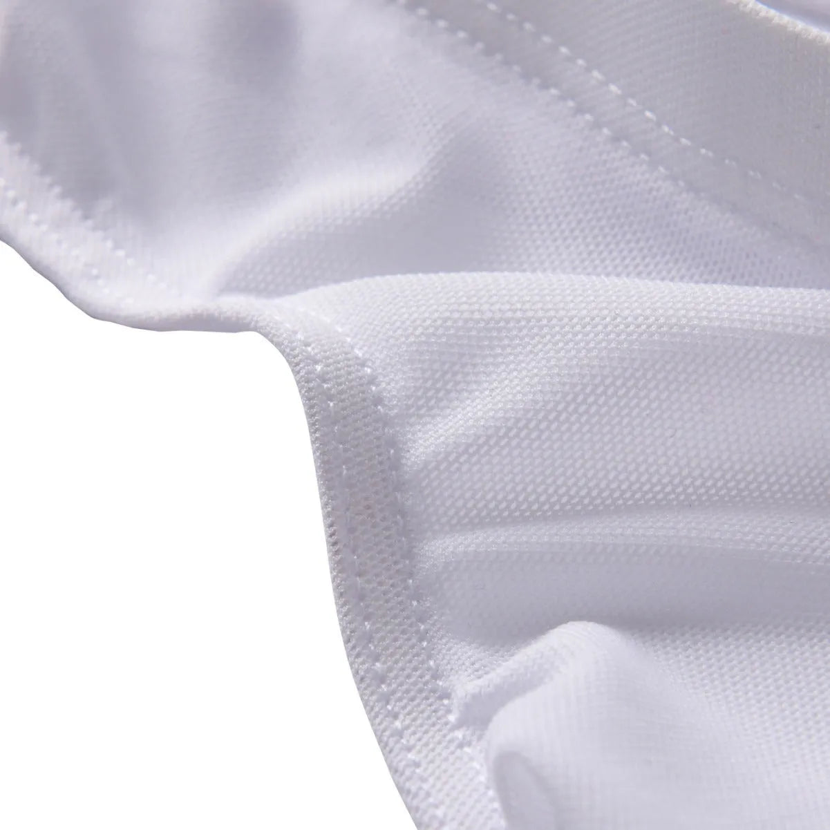 Men's black low-waist triangle briefs made from quick-drying nylon fabric on a grey background.