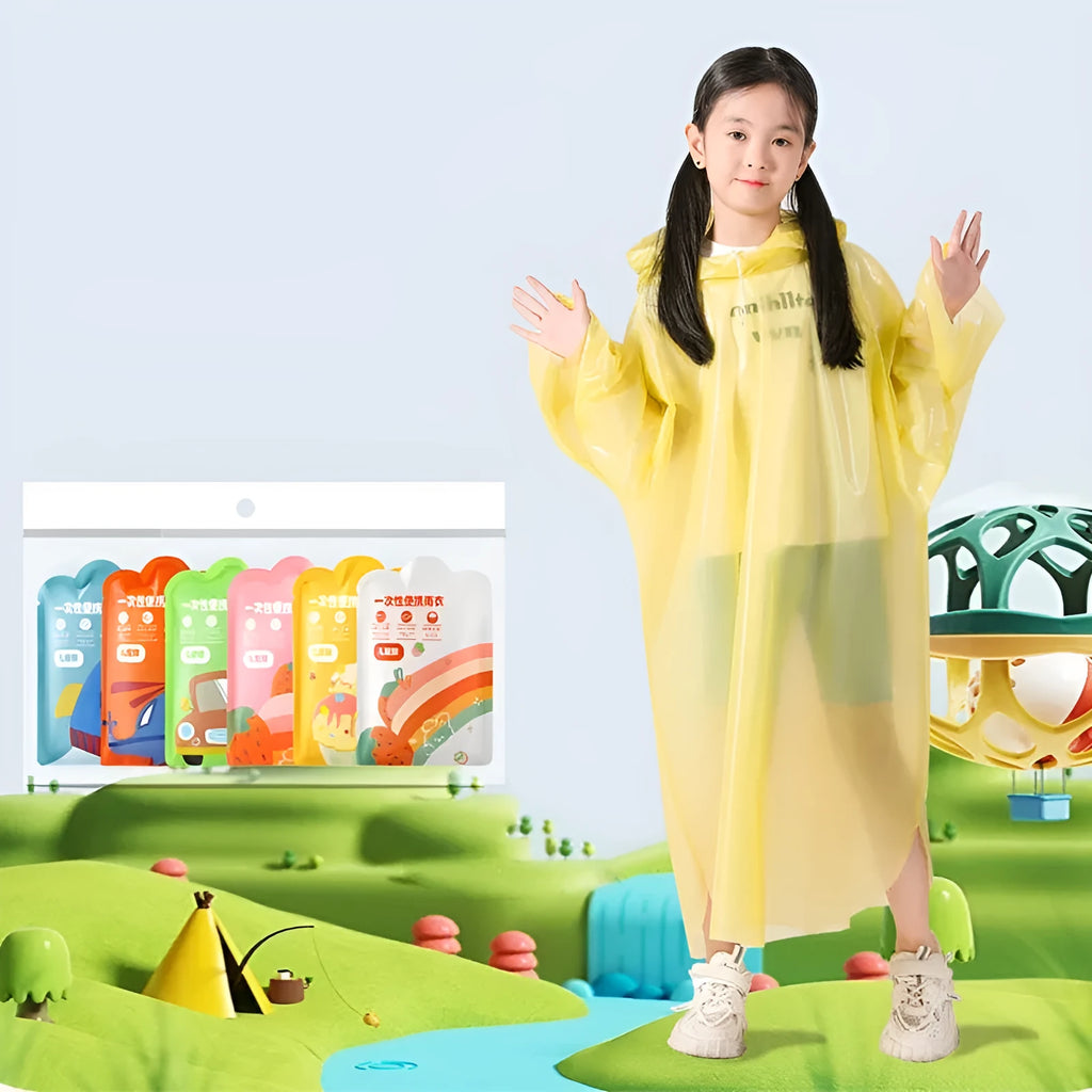 Children's disposable card raincoat folded to 13x9cm with colour options including blue, yellow, orange, pink, green, white and mixed