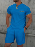Men's grey waffle texture zipper polo collar short sleeve top and shorts casual suit set.