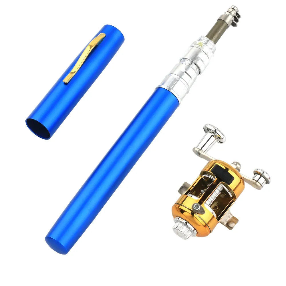 Gold telescopic pen fishing rod kit with black reel, collapsed in aluminium case and extended to 1 metre.