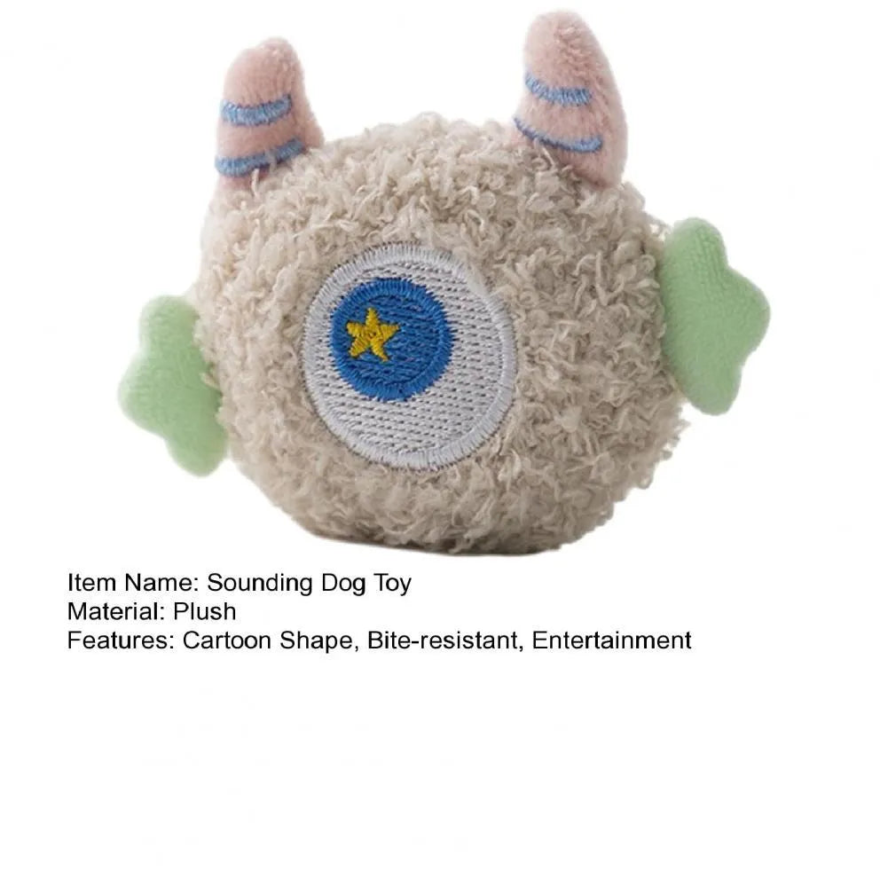 Cartoon-shaped plush dog chew toy with large eyes and squeaker sound feature