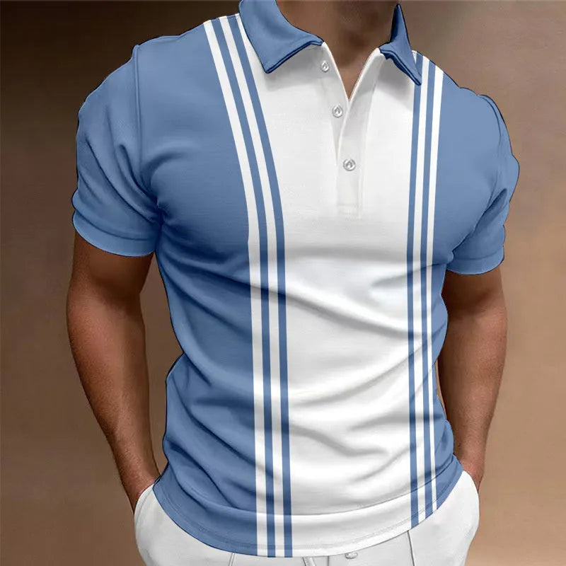 Men's loose-fit casual t-shirt with short sleeves and a printed lapel featuring three buttons.