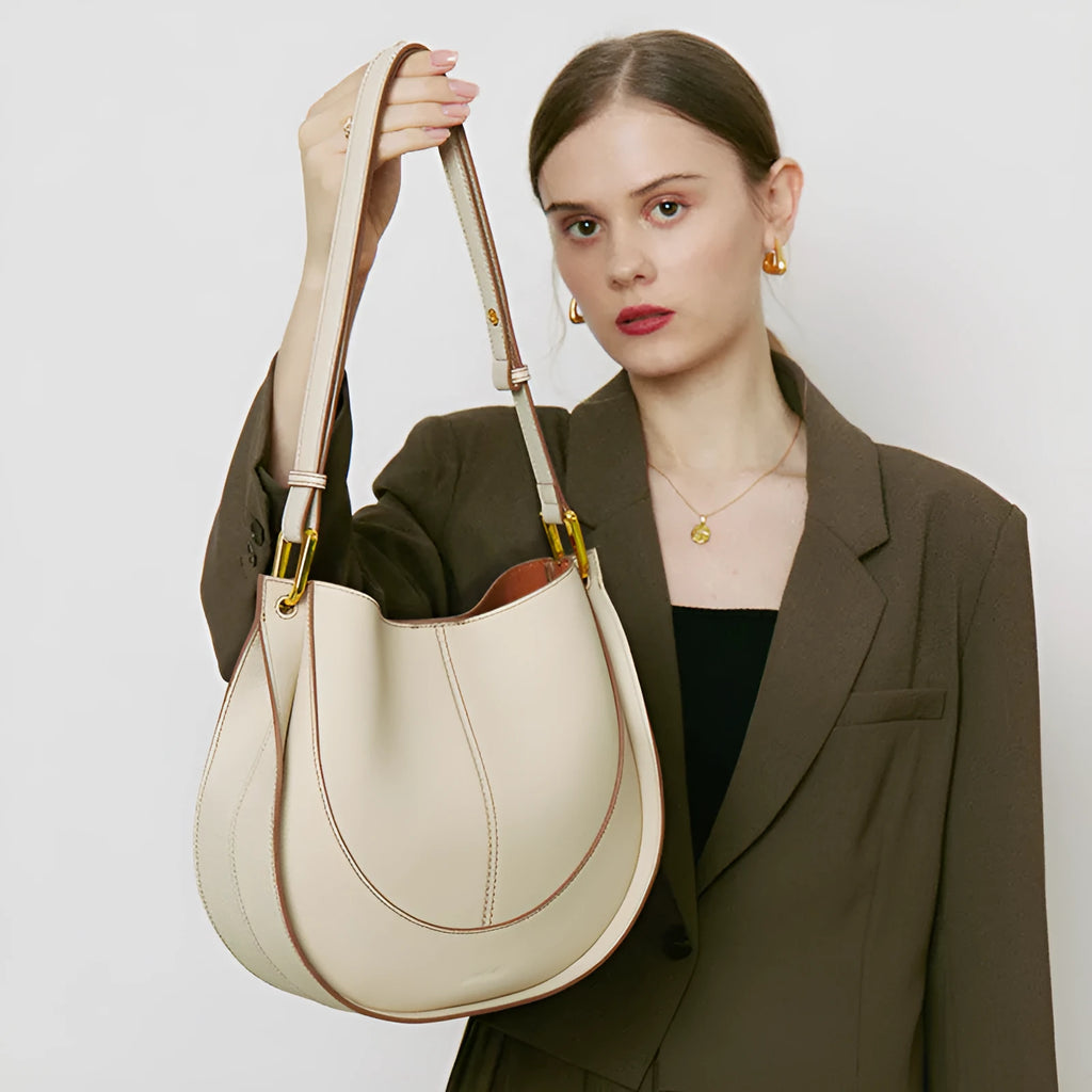 Small round genuine top grain leather crossbody bag for women with splicing design and open outer pocket