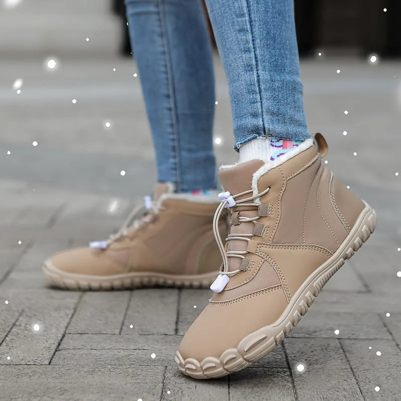 Round-toe unisex snow boots in black on a white background, showing front lace-up design and rubber sole.