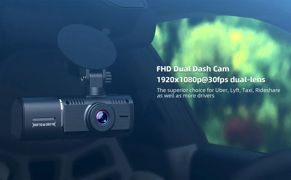 Black dual-channel car dash cam with 1.5-inch screen mounted on windshield next to rear-view mirror.