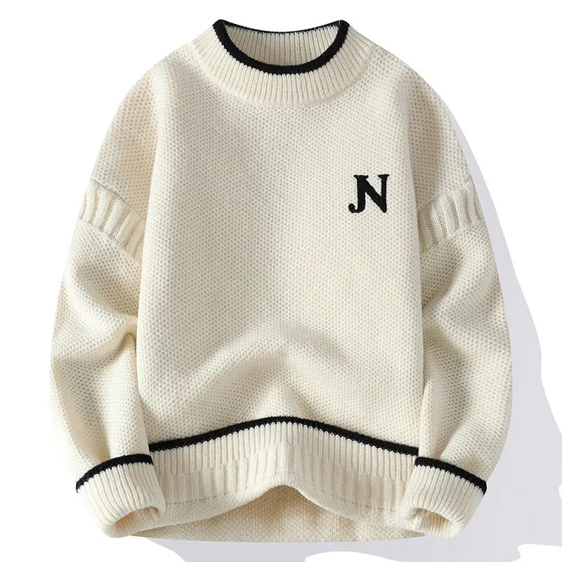Men's thickened round neck cotton blend knit sweater in grey, loose fit pullover winter style