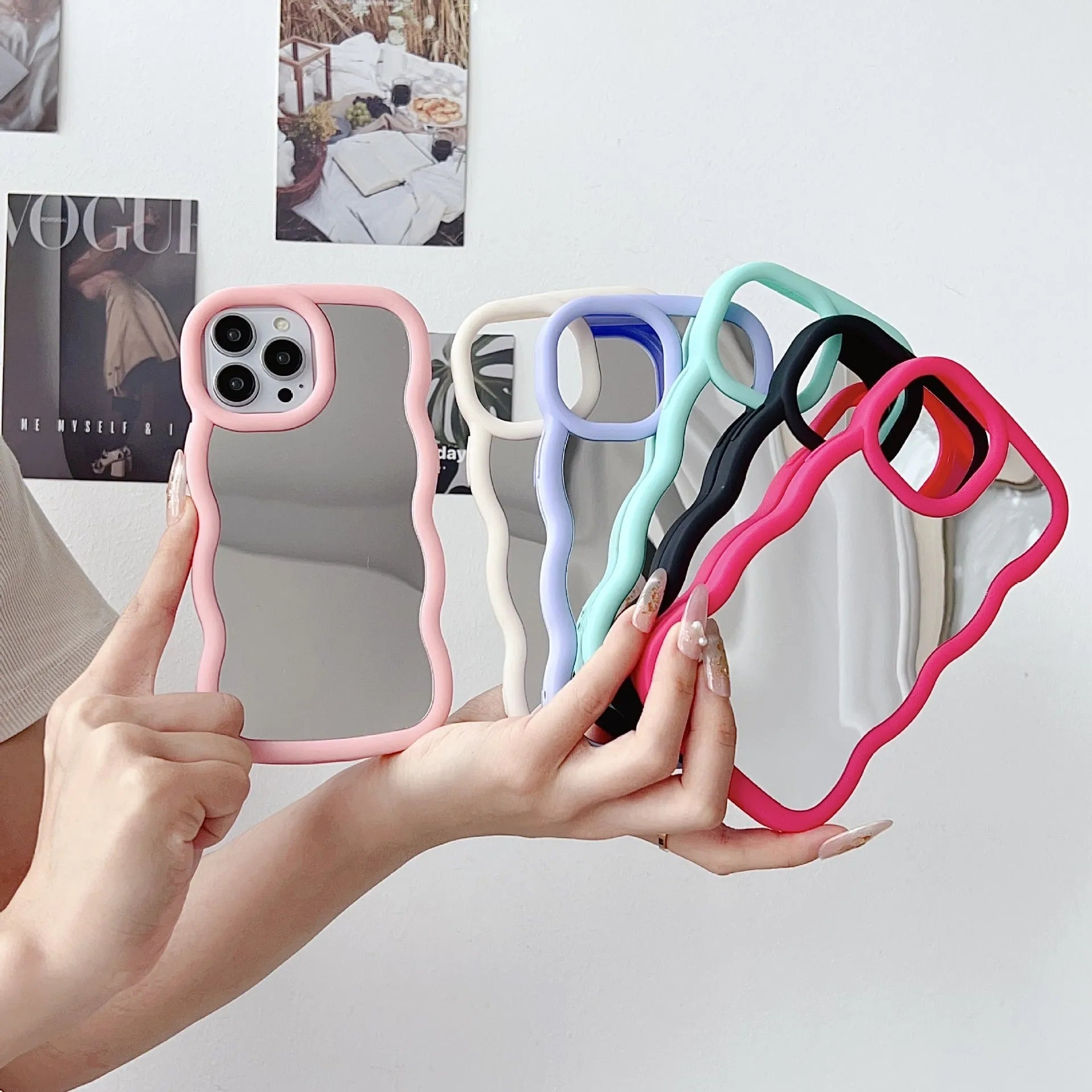 Silicone cloud wave phone case for iPhone 12-16, black back cover with mirror and stereo elements