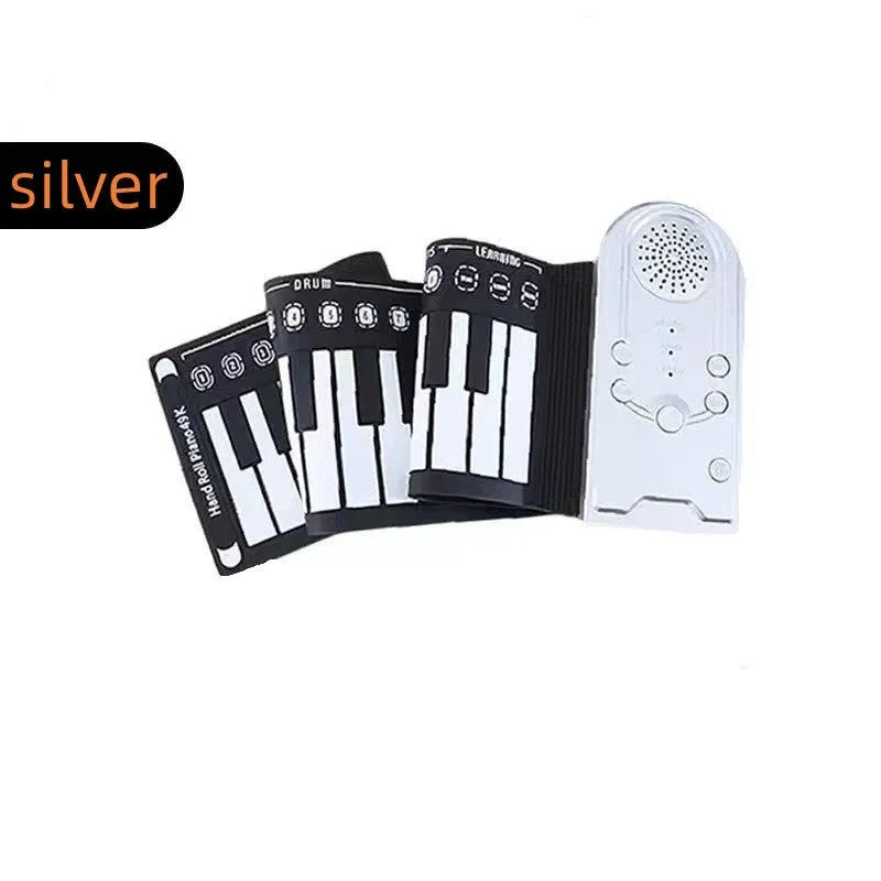 Pearlescent white portable folding electronic keyboard with 49 silicone keys, shown both rolled and unrolled.