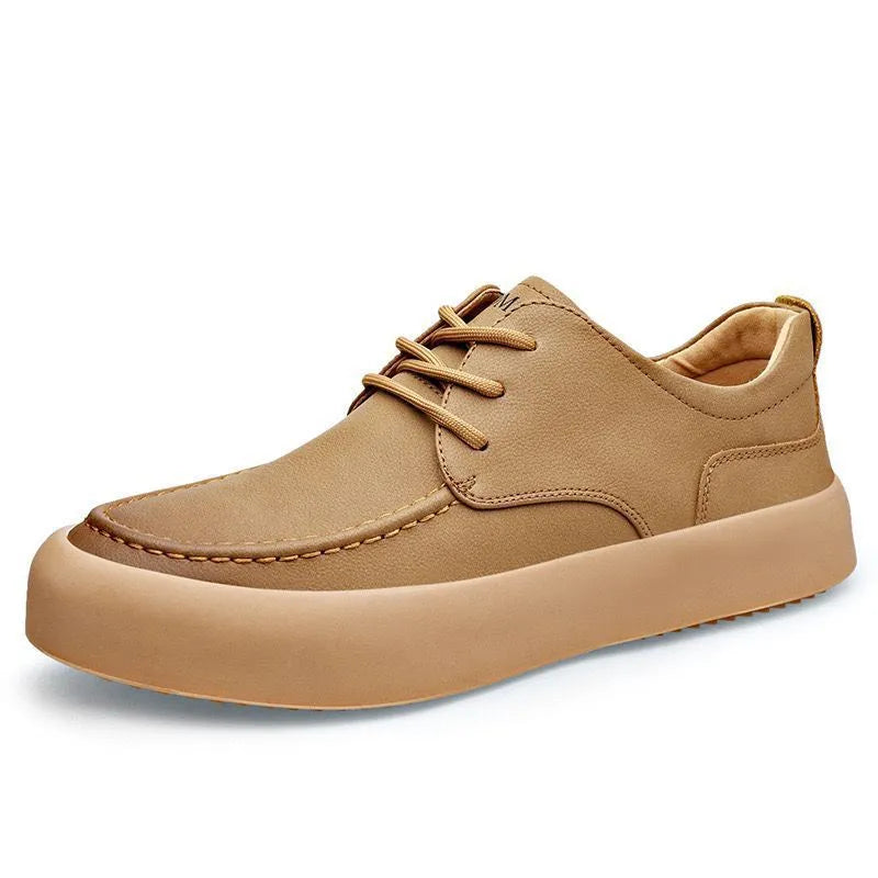 Men's brown casual lace-up platform shoes with a round toe and flat heel on a white background.