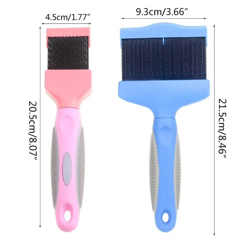 Blue dual-sided pet grooming brush with stainless steel pins on a wooden table.