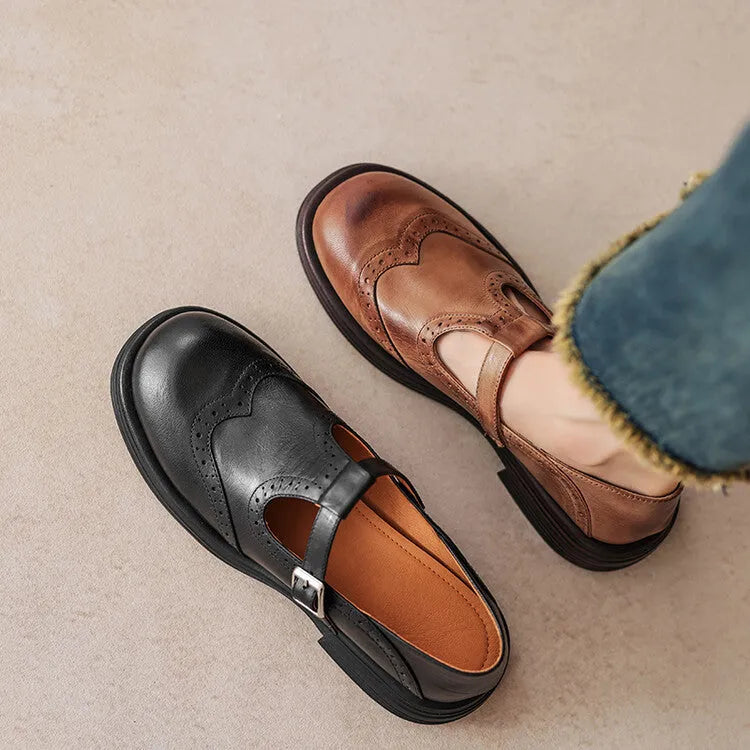 Women's brown British-style flat leather shoes with round toe and sheepskin upper