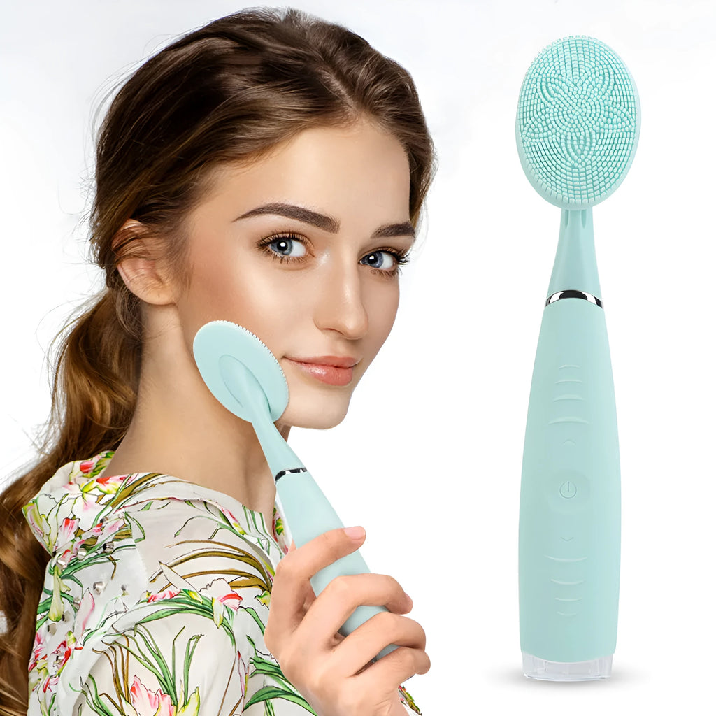 Blue and pink handheld silicone facial cleansing brush with 5 speeds, 8000 vibrations, IPX6 waterproof, and rechargeable 300mAh battery