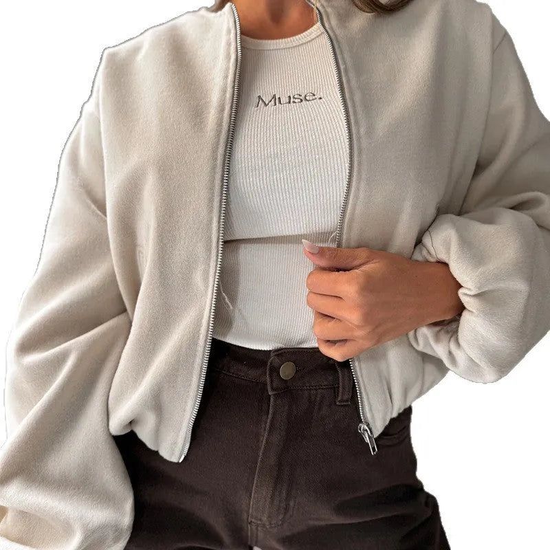 Women's off-shoulder short coat with lantern sleeves in polyester fabric, shown in milky white colour