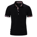 Men's black polo shirt with colour stitching detail on the turnover collar and short sleeves.