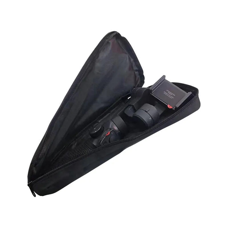 Black cloth storage bag for mobile phone stabilizer, open to show padded foam interior and dual zippers.