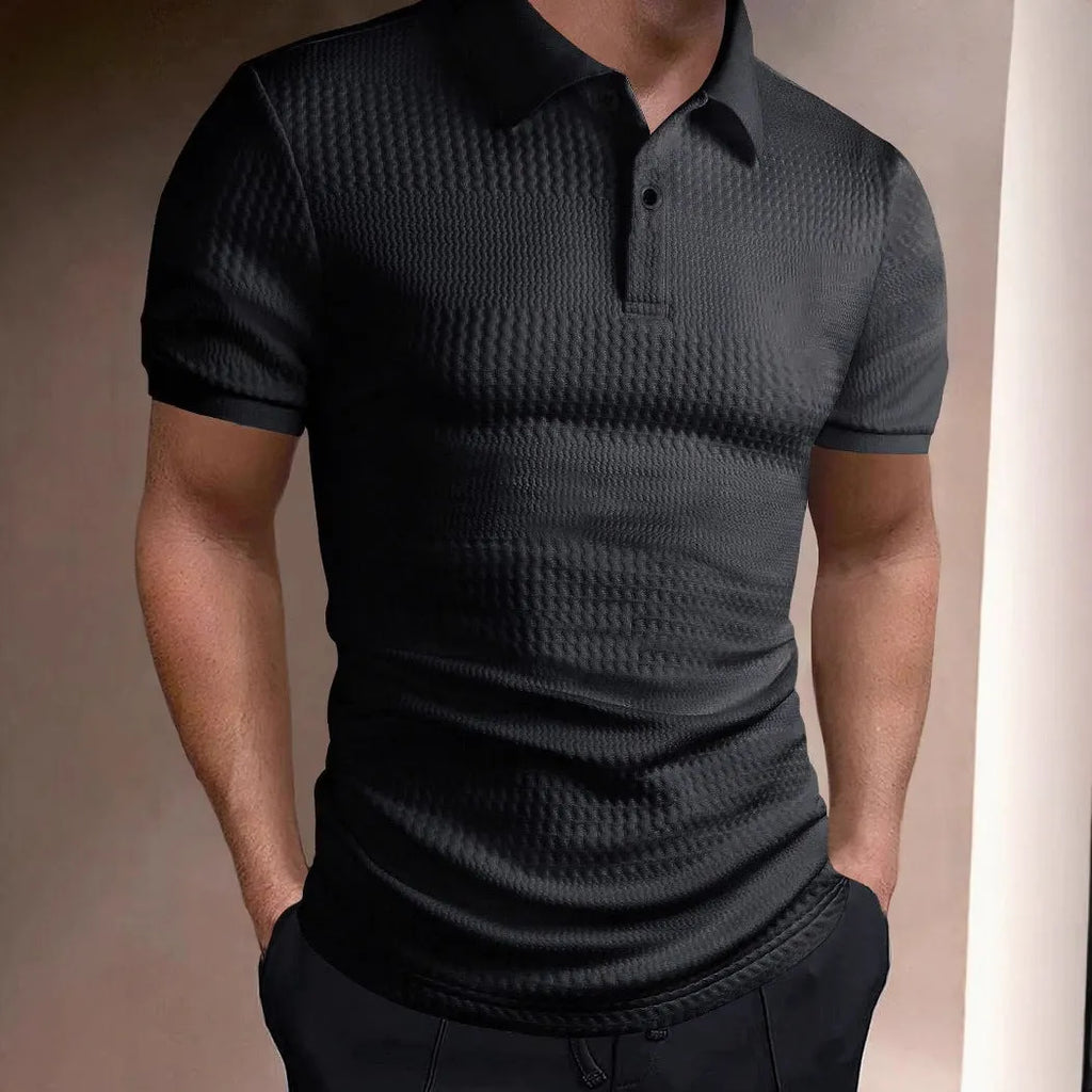 Men's striped polo shirt in loose fit with short sleeves and asymmetric style detail