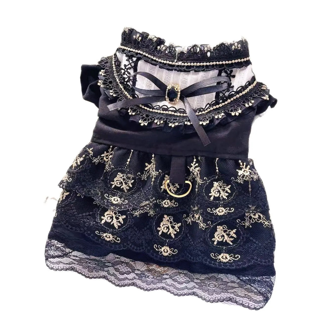 Golden gothic-style skirt costume on a small dog, showing the full princess silhouette and detailed sizing.
