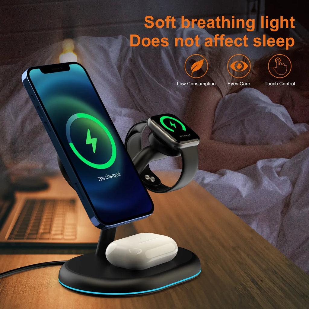 Black multifunctional three-in-one magnetic wireless charger on a table