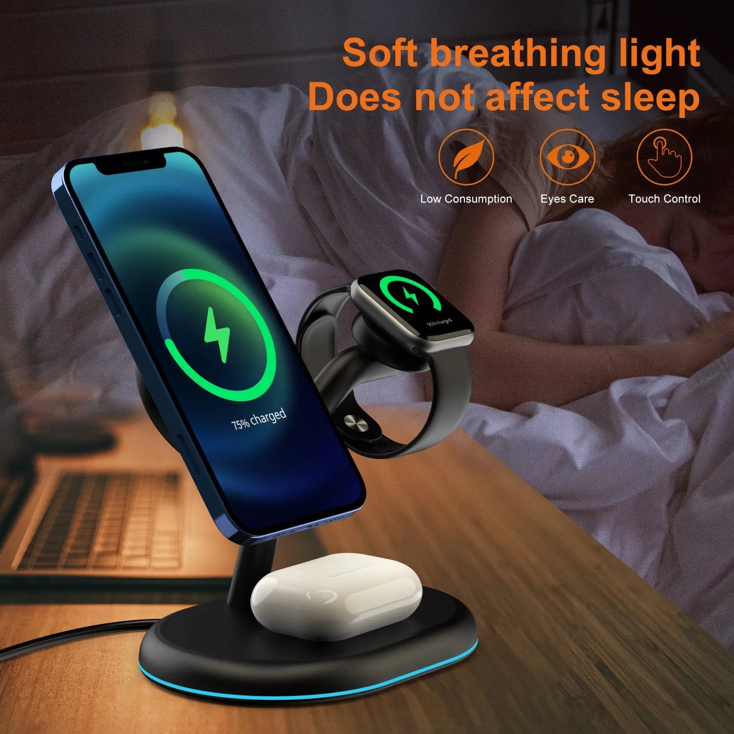 Black multifunctional three-in-one magnetic wireless charger on a table
